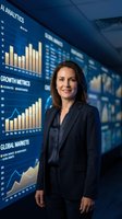 Professional businesswoman in dark suit standing confidently in modern office with large digital analytics dashboard displaying charts and data visualizations.