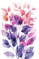 Delicate watercolor leaves in purple and pink hues create an ethereal botanical composition on white background, suitable for wall art and stationery design.