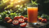 Fresh tomato juice in glass with mint garnish on wooden board surrounded by ripe tomatoes in natural garden setting with warm sunlight for healthy lifestyle.