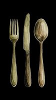 Watercolor cutlery set with fork, knife, and spoon in vintage olive tones, isolated on transparent background. Great for restaurant menus, stickers, t-shirt design, and print on demand.