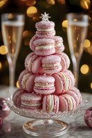 Pink macaron tower arranged as Christmas tree with sparkling sugar and star topper, champagne glasses and festive bokeh lights in background.