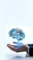 Businessman hand holding glowing digital brain with data analytics charts and graphs floating above palm on white background for AI technology concepts.