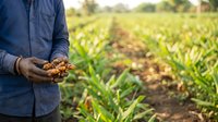 Farmer in blue shirt holding rich soil in hands over growing corn field during harvest season.