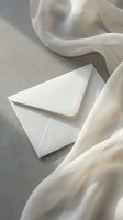 Elegant white envelope surrounded by flowing silk fabric creating soft shadows and luxurious atmosphere for wedding invitations and correspondence.
