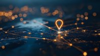 Glowing location pin icon over digital city map with connected network lines and bokeh light effects, representing modern navigation technology.