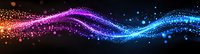 Glowing wave of sparkling particles flowing from pink to blue colors against black background creates magical light effect with bokeh and shine elements.