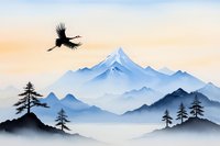 Majestic crane silhouette soaring over misty mountain landscape with snow-capped peaks and pine trees at sunrise, watercolor style artwork creates serene nature scene.