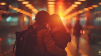 Romantic silhouette of young couple embracing in urban tunnel with dramatic orange sunset lighting and bokeh effects, perfect for relationship and love concepts.