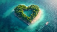 Aerial view of heart-shaped tropical island with lush green trees surrounded by turquoise ocean water and white sandy beach, small boat approaching paradise shore.