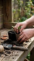 Senior gardener hands carefully transplanting young green seedling from pot to soil on rustic wooden table outdoors for spring planting season.