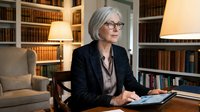 Senior woman with gray hair and glasses wearing dark blazer, seated at desk with tablet in home library office setting with bookshelves and warm lighting.