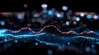 Abstract digital wave visualization with glowing blue and red particles on dark background, futuristic technology concept for data analysis and sound waves.