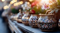 Ornate metal pots with intricate traditional patterns displayed in row, featuring delicate floral designs and ethnic motifs against blurred bokeh background.