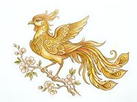 Golden phoenix perched on flowering branch with ornate plumage and decorative feathers, isolated on white background for design projects.