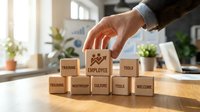 Professional businessman arranging wooden blocks with employee training and development concepts on modern office desk with natural lighting.