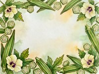 Okra flowers and sliced pods frame a watercolor background with copy space for culinary, recipe, and vegetable-themed designs.