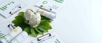 White piggy bank on green leaves surrounded by financial charts and reports showing growth trends and investment planning concepts for savings goals.