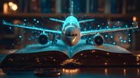 Magical glowing airplane emerging from open book pages with sparkles and light effects in dark atmospheric setting, concept of travel stories and adventure.