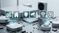 Microchip circuit board with automation, security, connectivity icons and smart home camera device displaying IoT technology integration for connected systems and digital infrastructure applications.