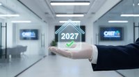 Businessman in formal suit holding glowing 2027 holographic icon with checkmark in modern office environment, representing future business goals and digital transformation strategy.