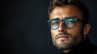 Confident Caucasian male entrepreneur wearing glasses and black turtleneck against dark background, dramatic side lighting creates professional business portrait.