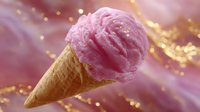 Pink strawberry ice cream scoop in waffle cone against blurred golden bokeh background with magical sparkles and glowing light effects.