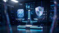 Digital scales balancing AI technology and cybersecurity shield in futuristic data center representing tech ethics and security balance.