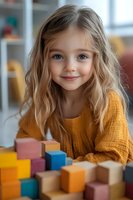 Young girl with blonde wavy hair and blue eyes wearing yellow sweater smiles while playing with colorful wooden blocks at home, natural lighting creates warm atmosphere.