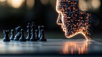 Digital profile silhouette made of glowing particles facing chess pieces on dark background, representing artificial intelligence and strategic thinking.