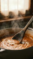 Wooden spoon stirring hot sauce in cast iron pot with steam rising, warm kitchen window light in background, cooking and food preparation.