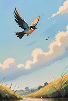 Stylized bird soaring over peaceful countryside landscape with fluffy clouds, golden grass, and calm water. Artistic nature illustration in soft colors.