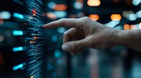 Finger touching glowing data visualization points against dark background with bokeh lights, representing digital transformation and technology interaction.