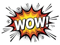 Comic book style WOW explosion burst with halftone dots and radiating lines on white background for pop art designs and graphic projects.