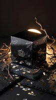 Black Halloween gift box with spooky decorations including pumpkins, bats, and spider webs on dark wooden surface with dramatic lighting and scattered confetti.