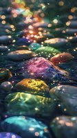 Colorful smooth stones underwater with magical bokeh lights creating dreamy atmosphere for fantasy backgrounds or meditation concepts.
