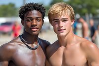 Two athletic young men, shirtless outdoors on sunny summer day, smiling at camera. Diverse friends showing genuine happiness and camaraderie during beach activities.