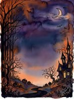 Spooky Halloween watercolor scene with haunted house, crescent moon, bats, bare trees, and glowing pumpkins under a dramatic twilight sky.