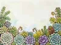 Watercolor succulent plants border frame with copy space for text on textured paper background for botanical design projects.