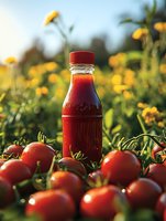 Fresh tomato ketchup bottle surrounded by ripe red tomatoes in sunny garden with yellow flowers for organic food marketing and healthy cooking concepts.