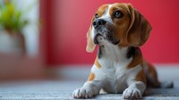 Attentive beagle puppy with tricolor coat lying down and looking up with bright blue eyes against red background, showing curious expression and distinctive floppy ears.