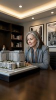 Mature female architect or real estate developer examining architectural model in modern office with warm ceiling lighting and bookshelf backdrop.