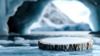 Rustic wooden slice with bark on icy blue surface against mystical cave background creates dramatic winter atmosphere for product display and branding.