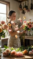 Woman florist arranging fresh cut flowers in rustic studio workspace with hanging dried botanicals, natural window light, and blooms for floral design and small business concepts.