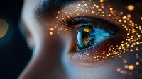 Close up view of blue eye with digital code reflection and golden glowing particles, representing artificial intelligence and future technology advancement.