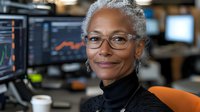 Senior African American businesswoman with glasses and silver hair smiling confidently in modern office environment with trading screens and monitors in background.