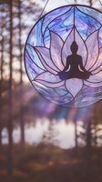 Stained glass meditation suncatcher with Buddha silhouette in lotus flower design hanging outdoors, spiritual zen decoration for mindfulness and relaxation practices.