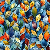 Seamless nature pattern with vibrant autumn and winter leaves in blue, orange, and yellow tones creates flowing organic movement. Repeatable for fabric and wallpaper.