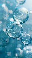 Transparent soap bubbles floating in turquoise water with bokeh light effects, creating dreamy underwater atmosphere for spa and skincare concepts.