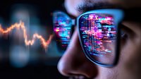 Financial data and stock market charts reflected in glasses lens with neon pink and blue glow against dark background, close up view of trading screen analysis.