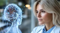 Young blonde woman in business attire looking at glowing digital artificial intelligence visualization head with neural network connections in modern office space.